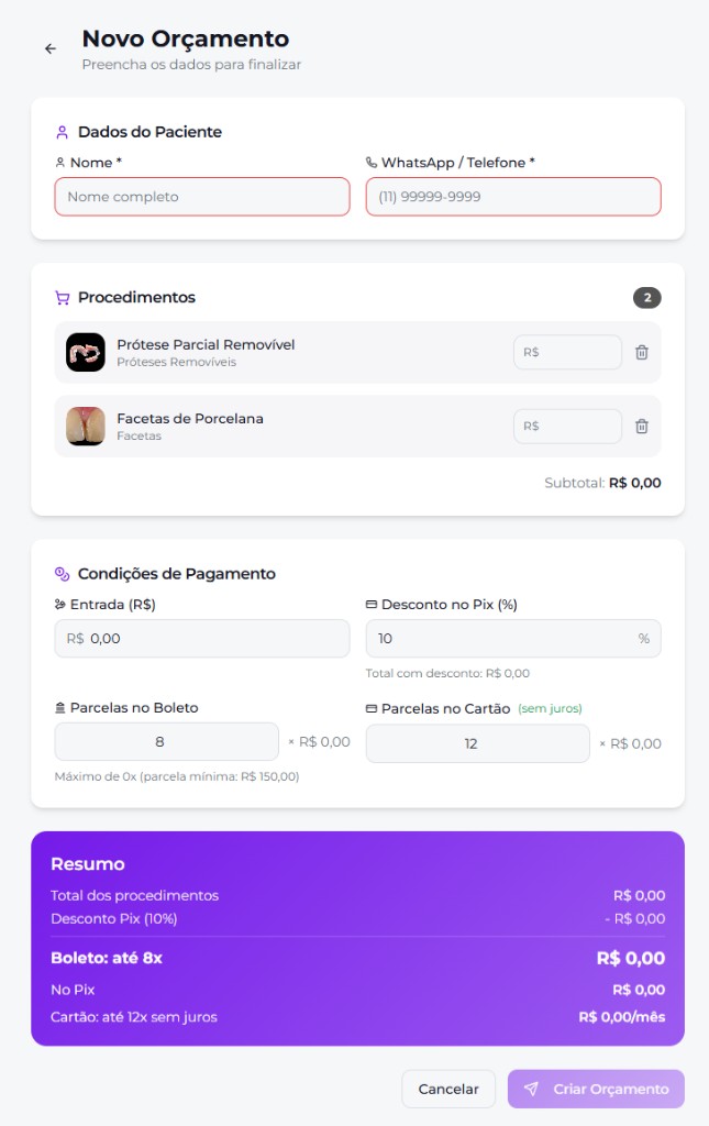 Tela de criação rápida de novo orçamento