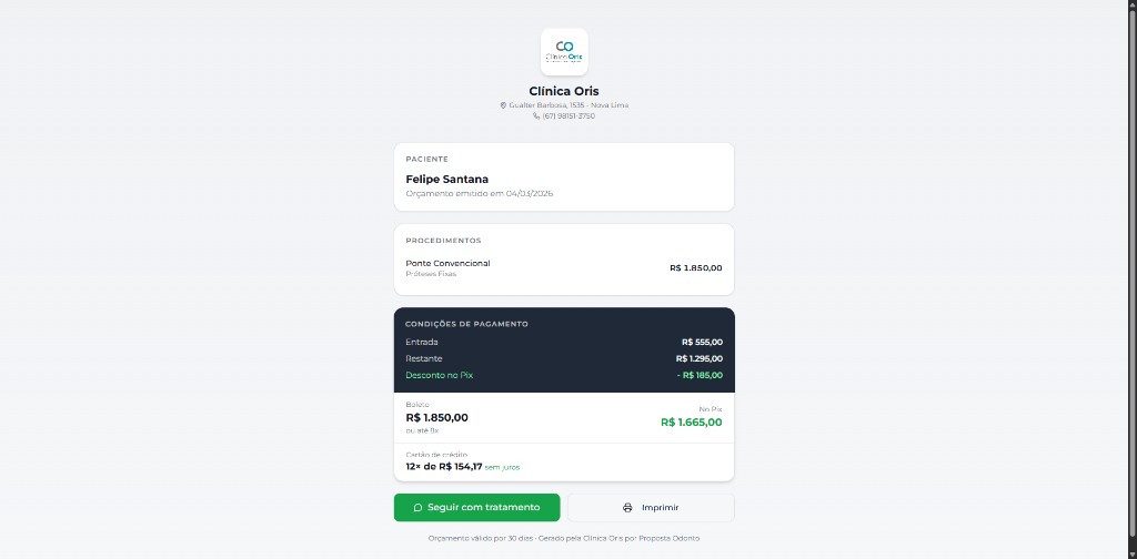 Interface de orçamento com condições de pagamento e parcelas
